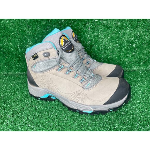 La Sportiva FC Eco 4 GTX Goretex Tan Blue Mid Leather Hiking Boots Womens US 7.5 - Picture 1 of 8